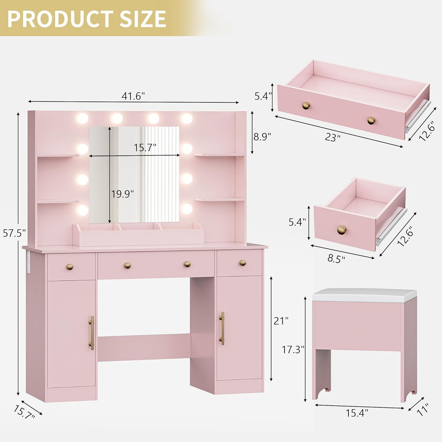 PUFFCAFE Vanity Desk with Mirror and Lights,Large Makeup Vanity Table Set with Drawers & Chair & Power Outlet,Pink Vanity for Bedroom