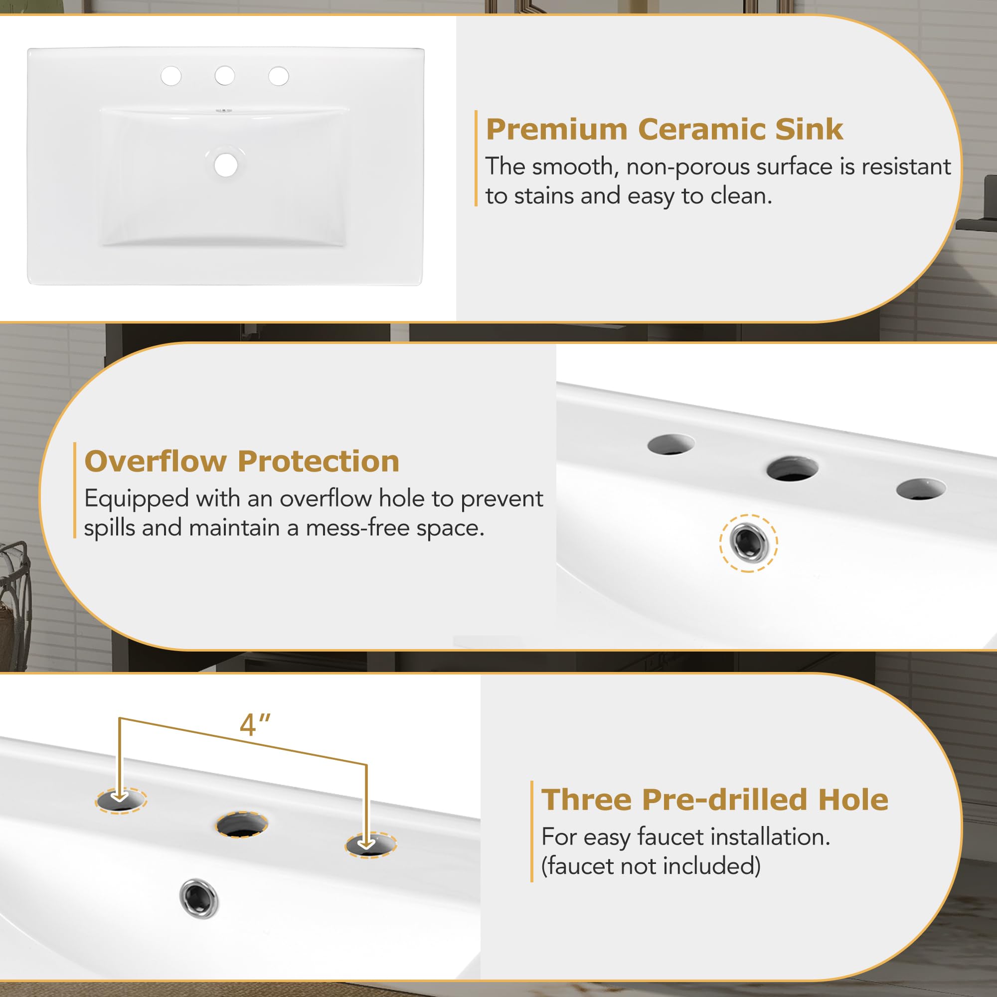 30" Bathroom Vanity with Sink, Bathroom Vanities 30 Inch with Top, Single Sink Bathroom Vanity with 3 Drawers and 1 Soft Closing Door, 30 Restroom Vanity with Cuntertop Sink (White)