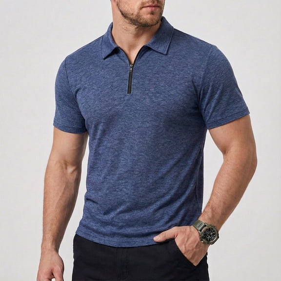 Blmnix Golf Shirts Tshirts Shirts for Men Zip-Up Cotton Shirts Tshirts Blue Short Sleeve Collared Polo T Shirts for Men,XXXL