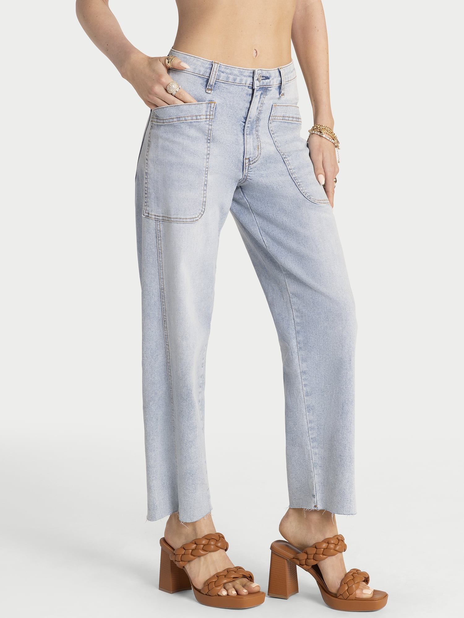 Jessica Simpson Women's Relaxed Barrel Leg Cargo Jeans, 28" Inseam, Sizes 2-16