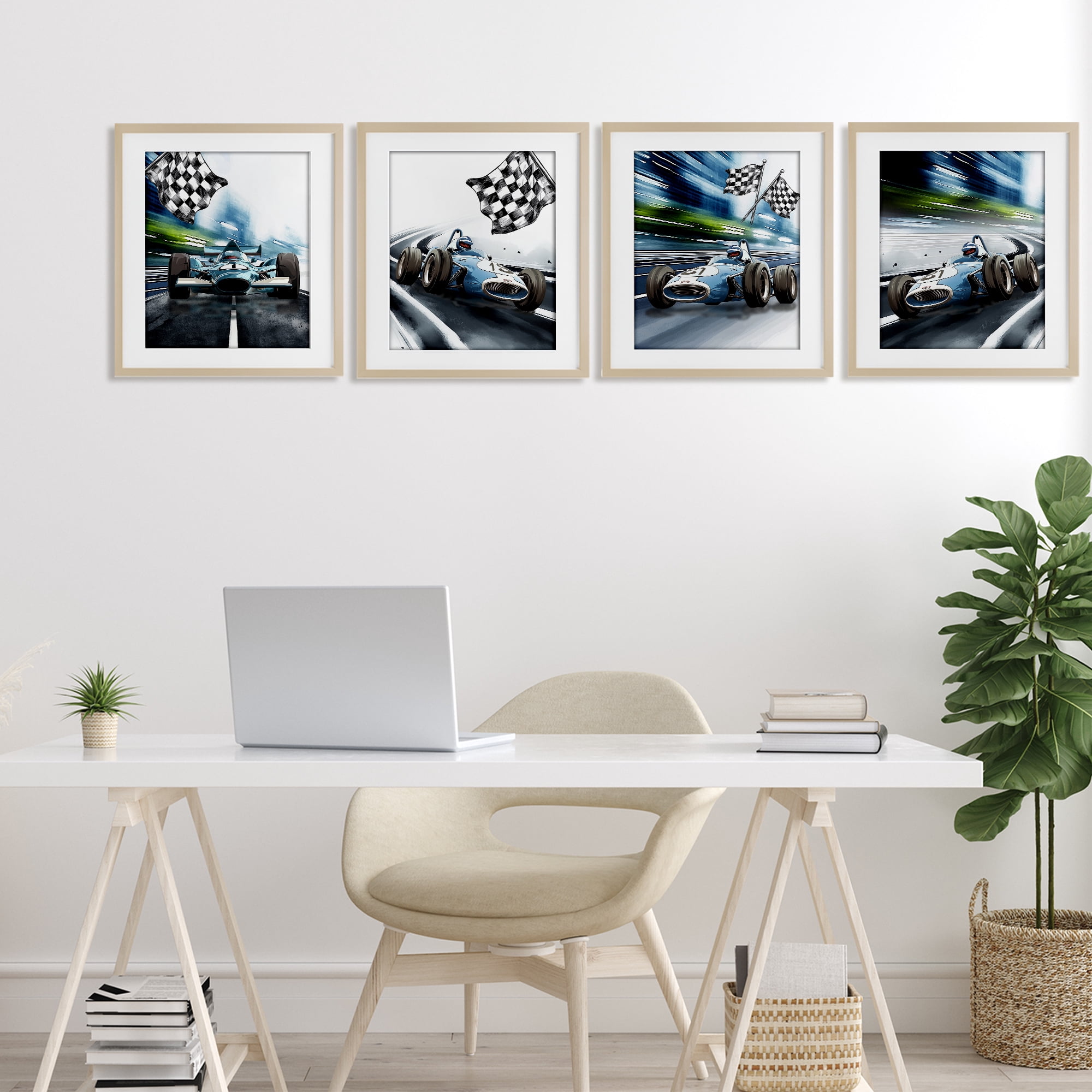 Stupell Industries Ready Set Racecars 4 Piece Birch Framed Print Under Glass Set, design by Christine Simpson Art