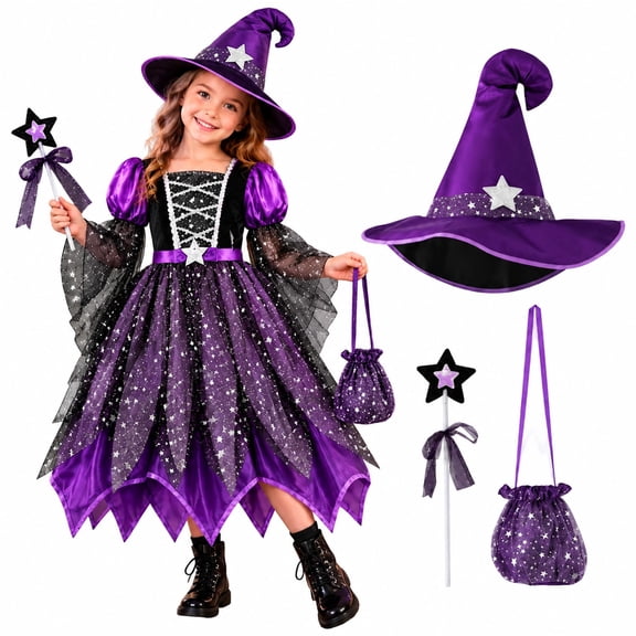 Girls Witch Dress for Halloween, Toddler Witch Dress Glitter Set with Hat and Bag, Kids Costu-me for Halloween Party