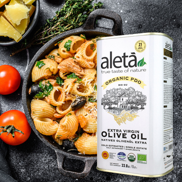 Aleta, Organic PDO Extra Virgin Olive Oil, Certified Single Estate Messara Valley Greece, Award-Winning First-Cold Press, Traceable & Kosher, 1 Lt (33.8 oz.) Tin