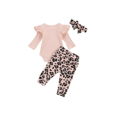 

Canrulo 3PCS Newborn Baby Girls Flying Sleeve Romper Leopard Pants and Headband Fall Winter Outfits Pink 12-18 Months