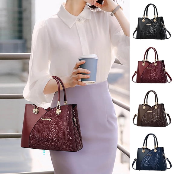 Faraee Sequin Purses and Handbags for Women Shiny Colorblock Crossbody Shoulder Bag Ladies Leather Medium Top Handle Satchel Brick Red