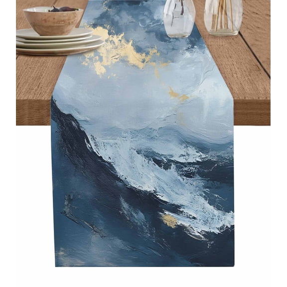 Abstract Blue Table Runner-Cotton Linen- 48 Inch Holiday Dresser Scarves, Modern Minimalist Ombre Ocean Wave Art Tablerunner for Kitchen Coffee/Dining Bedroom Living Room Dinner Scarf Décor 13x48