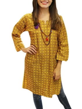 Mogul Women's Yellow Tunic Top Printed Long Sleeves Cotton Boho Chic Kurti Dress S