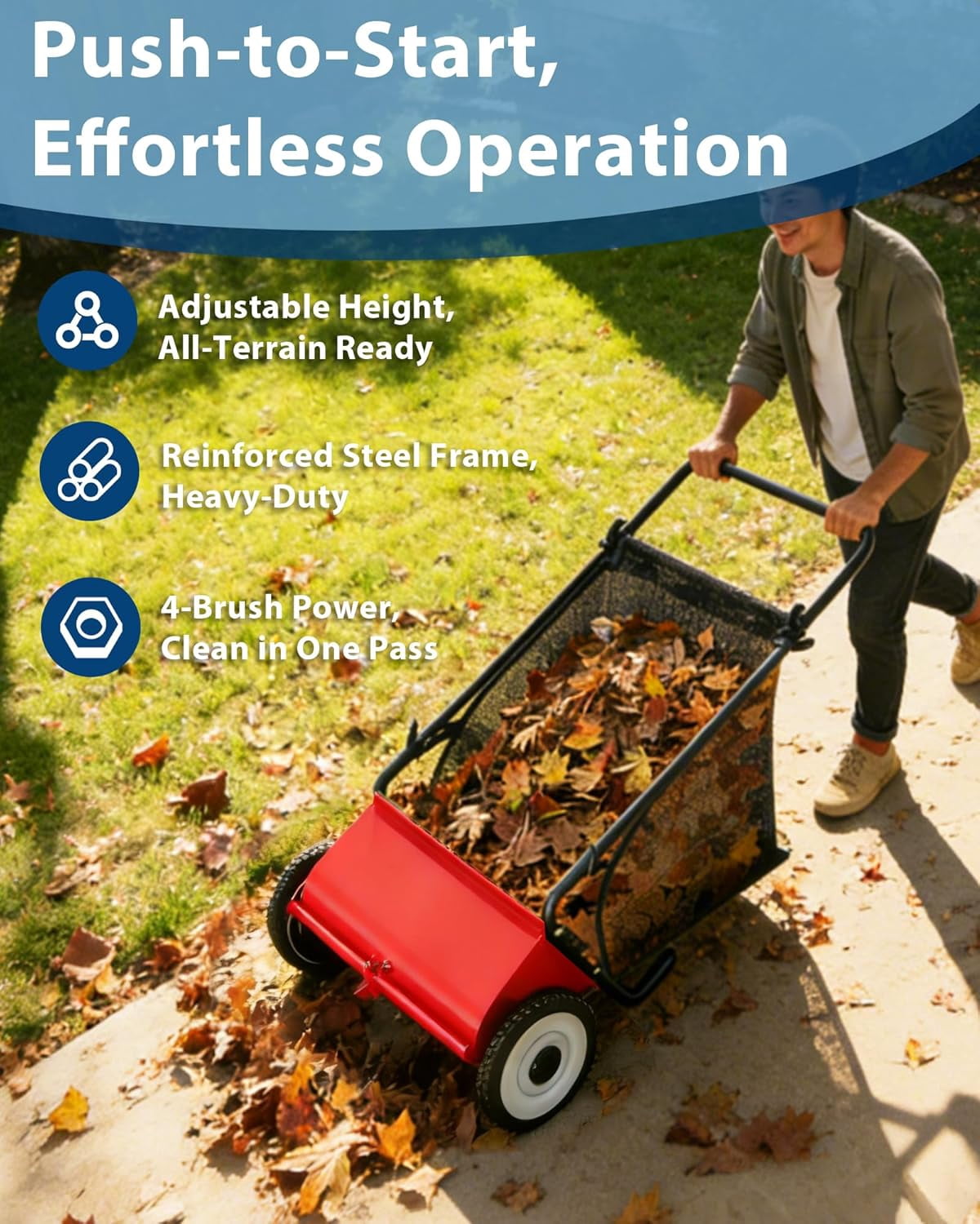 Red Push Lawn Sweeper, 26-Inch with 4 High-Speed Brushes, Heavy-Duty Steel Frame & Large 7 Cu. Ft Hopper Bag for Yard and Leaf Cleanup