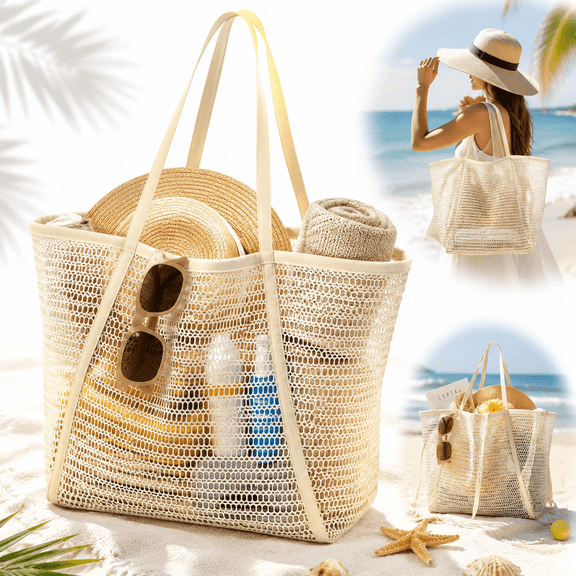 Genreen Women's Mesh Beach Tote Bag - Lightweight Shoulder Bag, Soft Summer Casual Long Shoulder Strap Handbag, Off-White, Large Bohemian Shopping Bag for Beach, Pool, Shopping, Travel