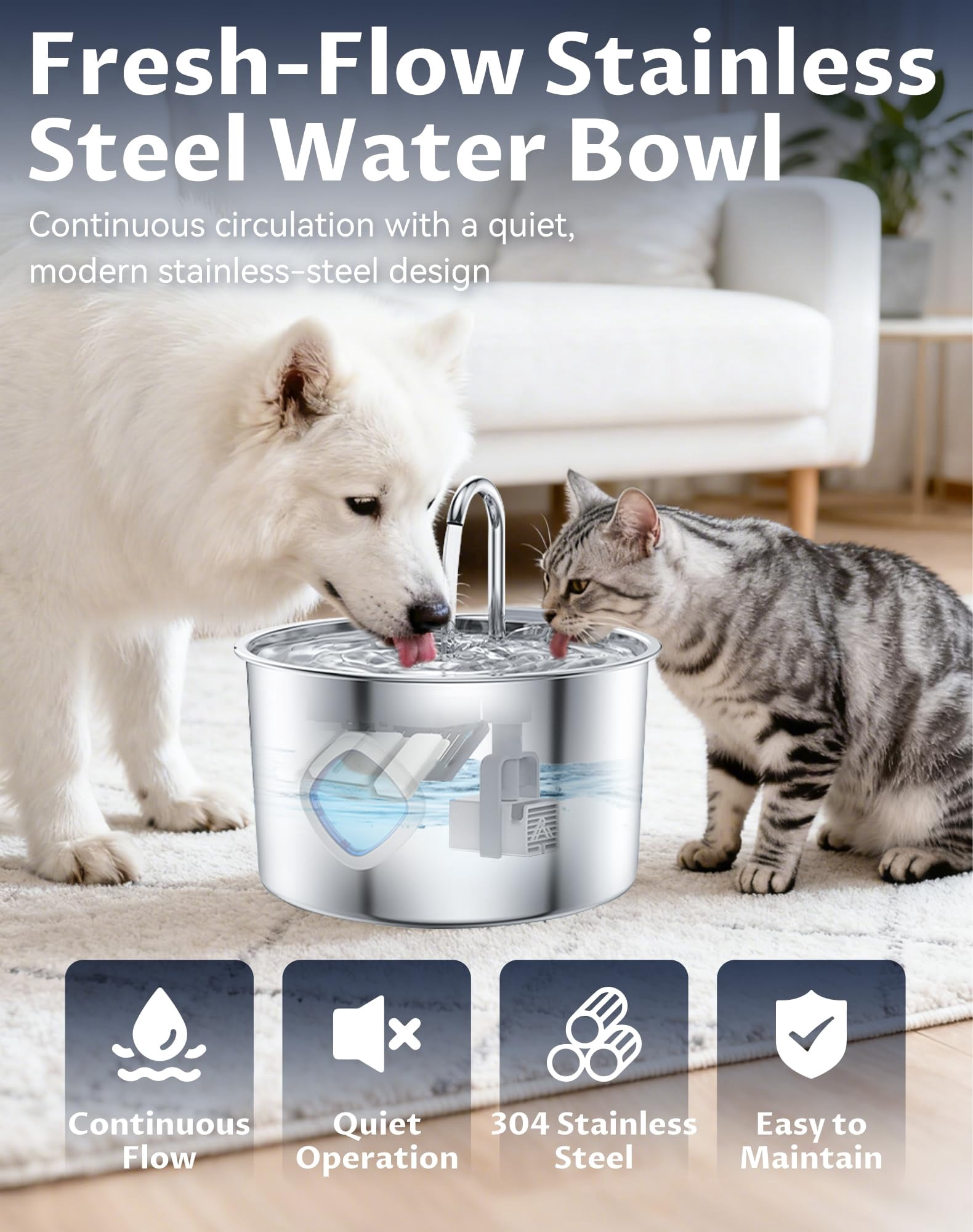 Dog Water Bowl, 3.2L Dog Water Fountain, Quad-Purification System and Continuous Circulating Water Flow,Stainless Steel Easy-to-Clean,Quiet Operation,Water Bowl for Dog Cat (Bowl+4Set Filter)