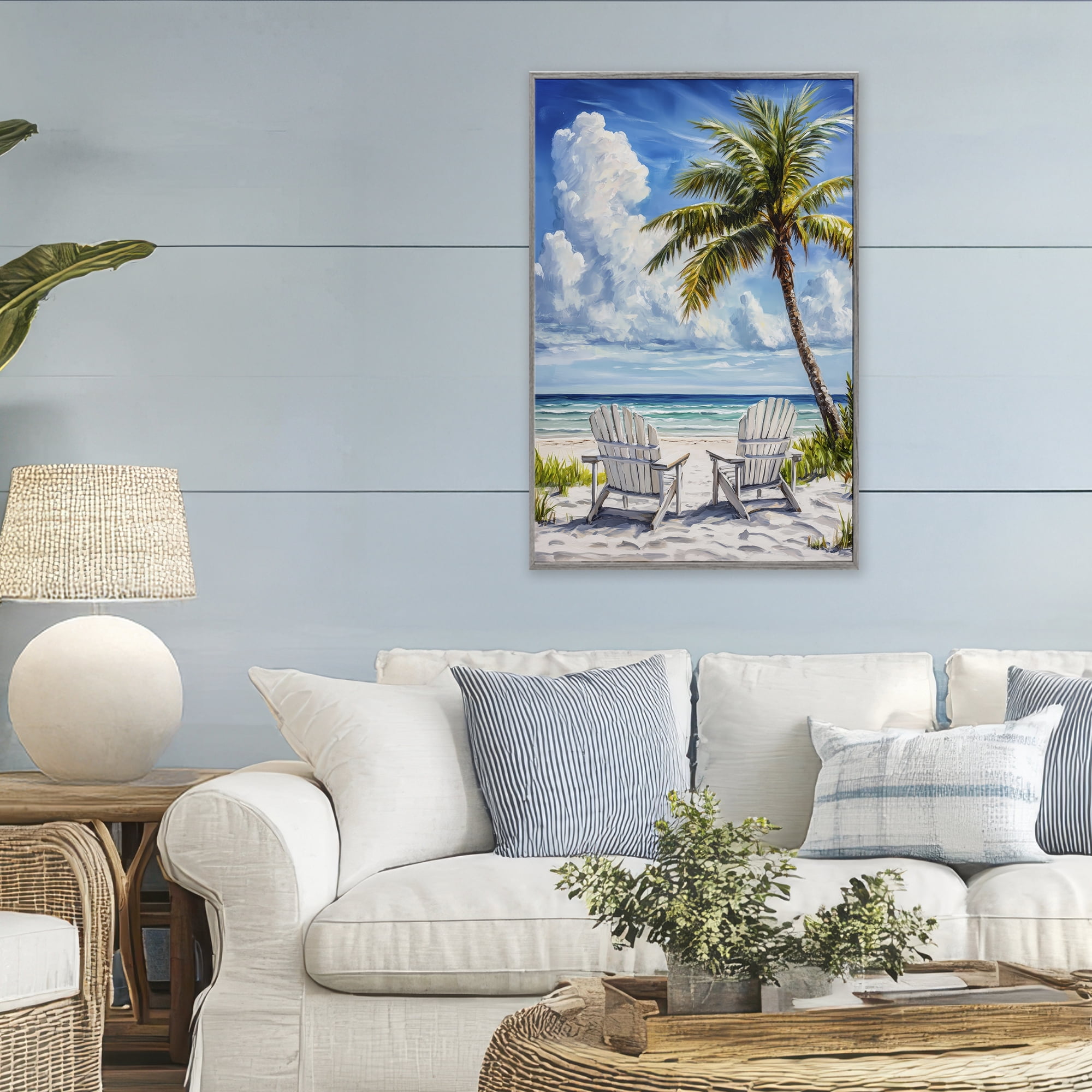 Stupell Industries Clouded Beach with Looming Palm Gray Framed Giclee Art, design by Petal Prints Design