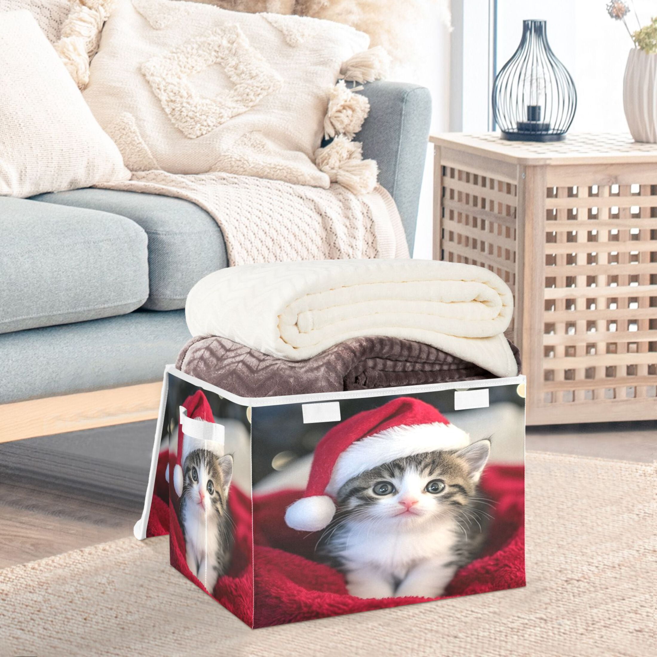 Storage Box With Lid 16.5x12.6x11.8In Foldable Stacked Household Storage Box Santa Hat Cat Picture