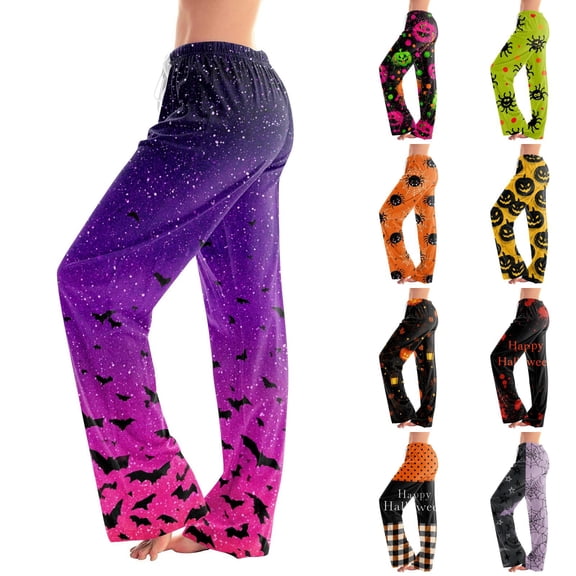 Halloween Pajama Pants Women Cute Cartoon Bat Casual Lounge Pajama Pants Elastic Waist Drawstring Fashion Sleep Bottoms Purple XL