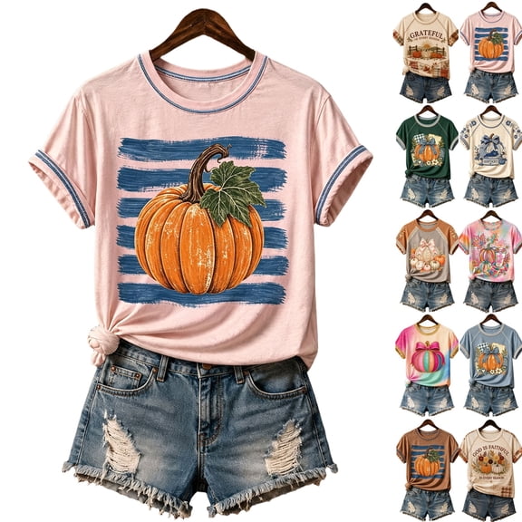 Halloween Shirt for Women Retro Short Sleeve T Shirts Halloween Cute Pumpkin Print Tops Fall Thanksgiving Graphic Tees,Light pink,2XL