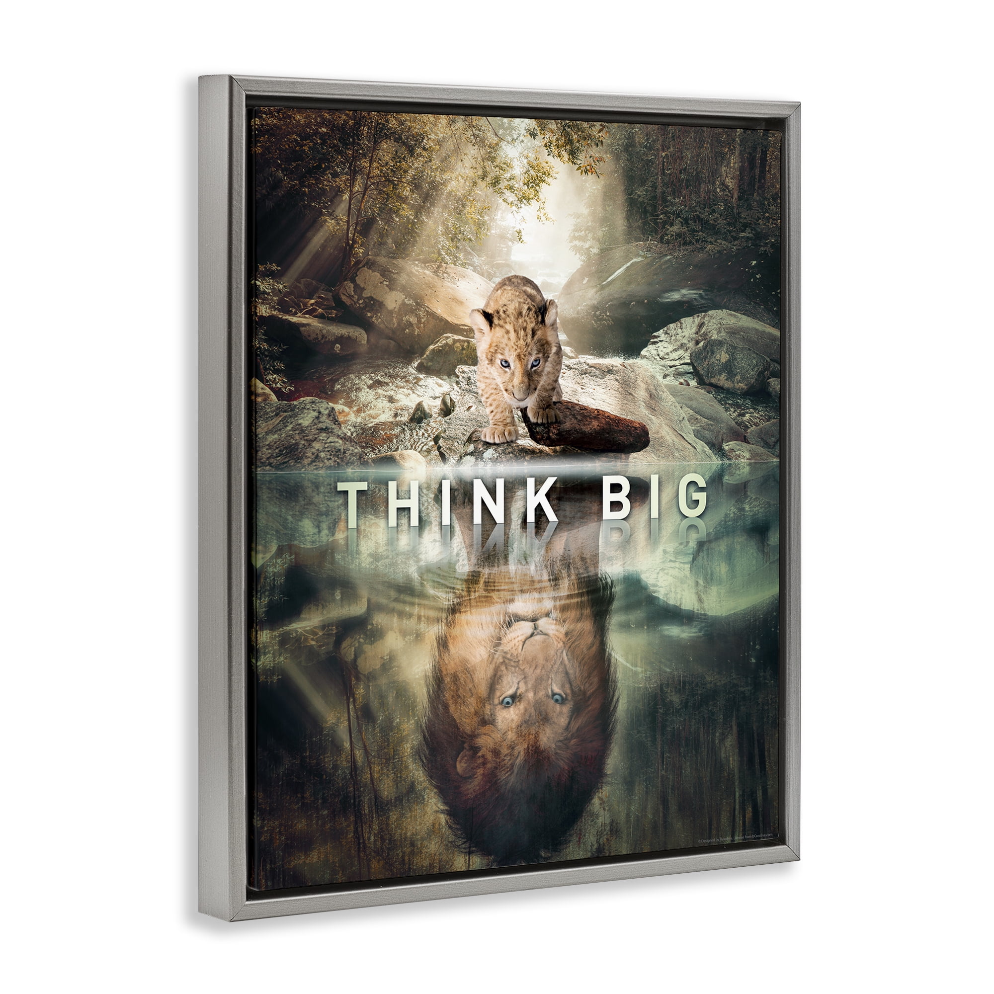 Stupell Industries Think Big Lion & Cub Animals Painting Gray Floater Framed Canvas Art Print Wall Art, 17 x 21