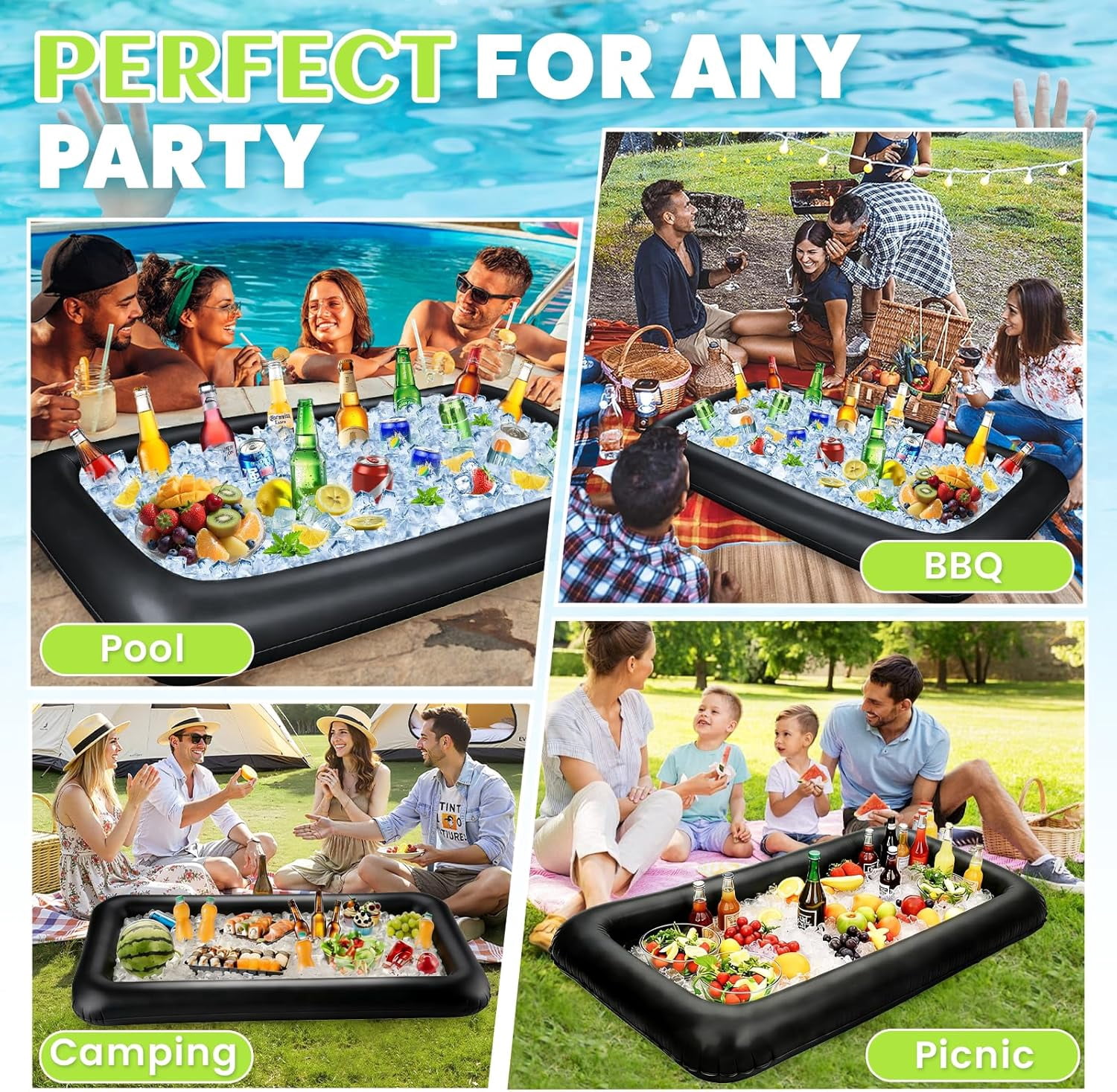 Large Inflatable Ice Serving Bar for Food, Drinks, Salad, Floating Buffet Cooler Tray with Drain Plug for Pool Party, BBQ, Picnic, Camping, Beach, and Outdoor Supplies Black