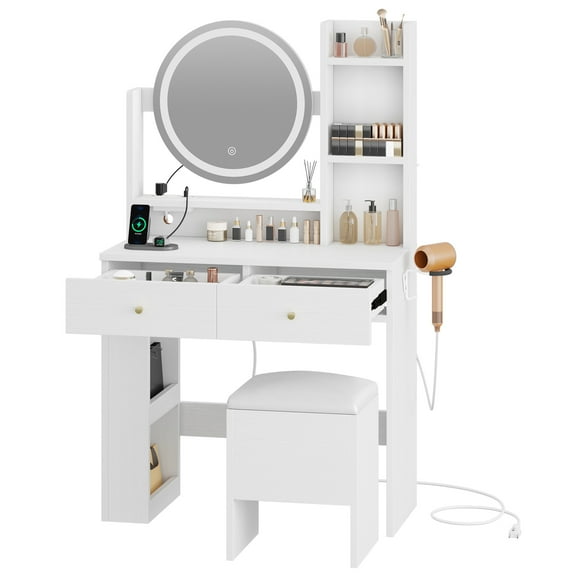 PINDEE Vanity Desk with Mirror and Lights, Makeup Vanity Table Set with Power Outlets and Chair, Makeup Desk with Drawer for Bedroom，Bathroom