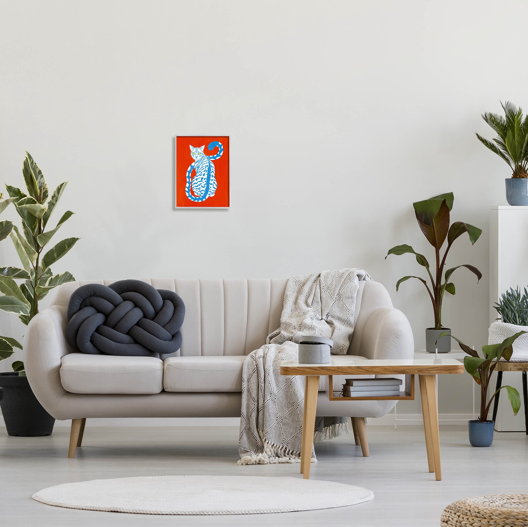 Stupell Industries Blue Gazing Cat Bold Modern Design Graphic Art Gray Framed Art Print Wall Art, Design by Grace Popp