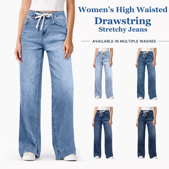Drawstring Stretchy Jeans Women High Waisted Straight Leg Denim Pants Classic Distressed Blue Jeans for Office Work Casual Trousers with Pockets