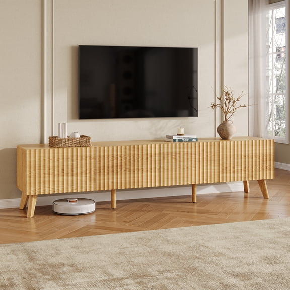 NIUEJOI Fluted TV Stand for TVs up to 75", Modern Entertainment Center with 2 Storage Compartments for Living Room, Bedroom, Natural