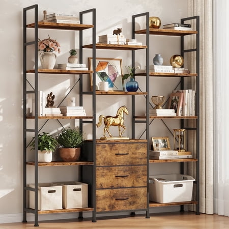 HIGDBFE Triple Wide 5-Tier Bookshelf, 13 Shelves and 3 Fabric Drawers Large Bookcase for Living Room, Home Office, Rustic Brown