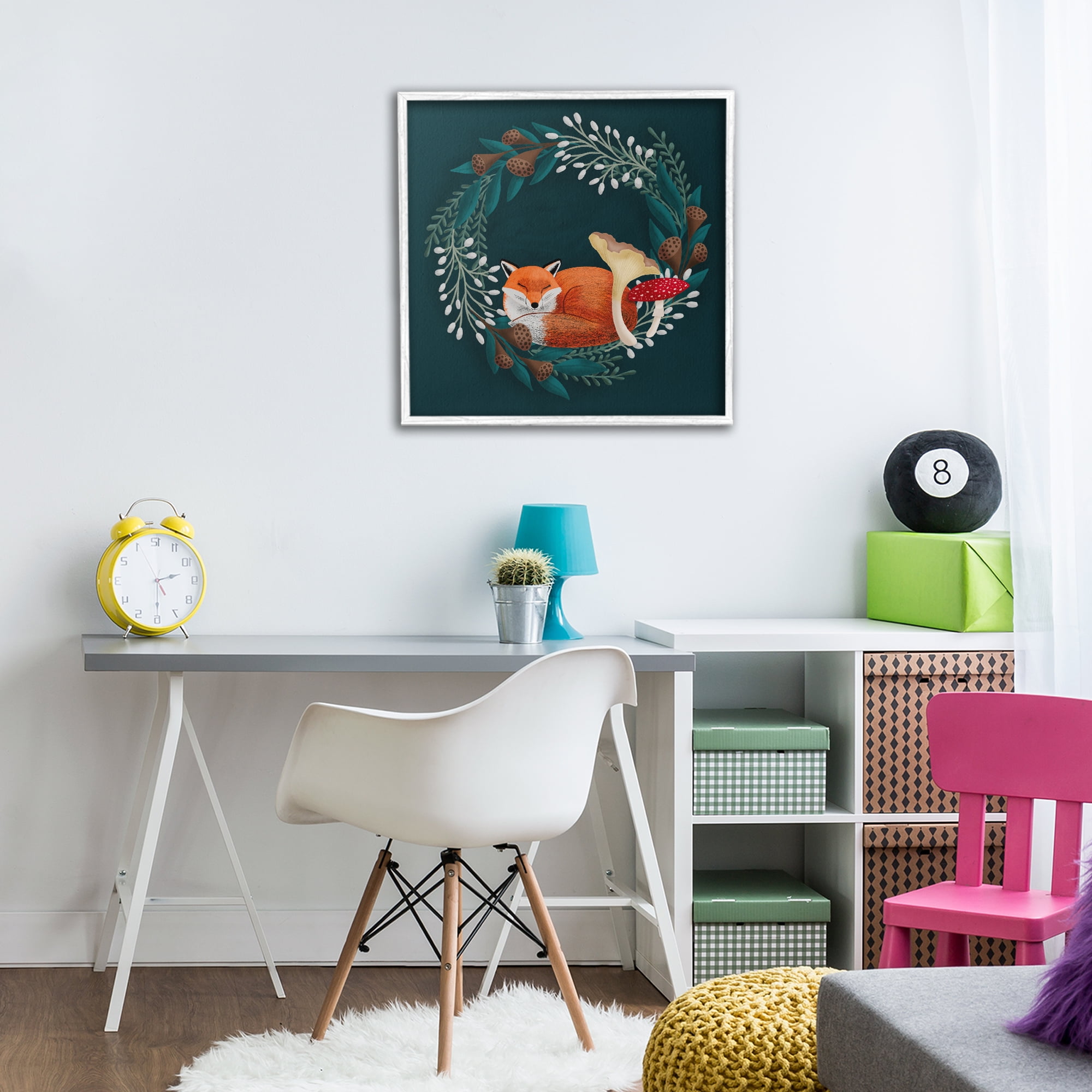 Sleepy Fox in Botanical Wreath White Framed Giclee Art, design by Metka Hiti