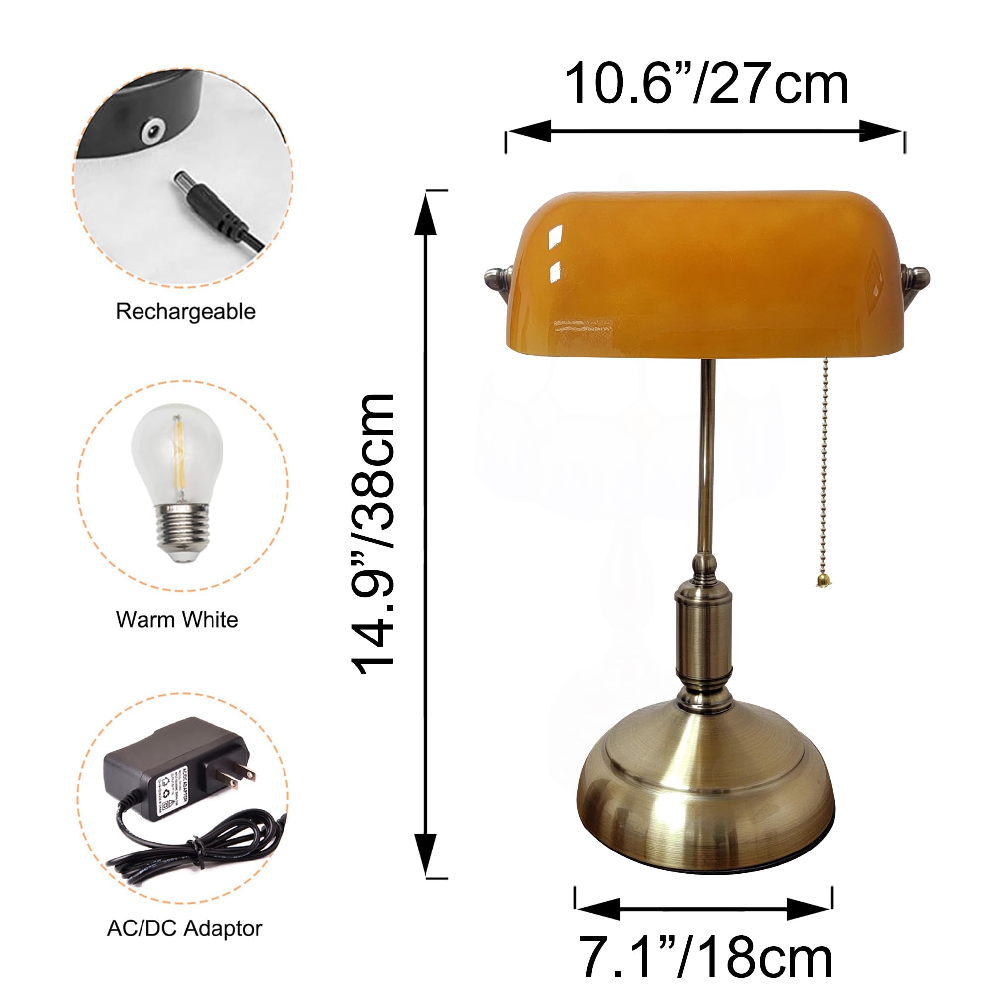 Kiven Cordless Bankers Table Lamp,1-Light Dimmable Bedside Lamps for Nightstand with Glass Lampshade, Vintage Rechargeable Desk Lamp for Reading Home Decor Bedside TD1119