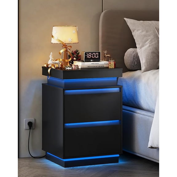 White Nightstand with Charging Station and LED Lights, Bedside Table with 2 Wooden Drawers and Sliding Top, Modern End Table Side Table for Bedroom, Living Room, Office
