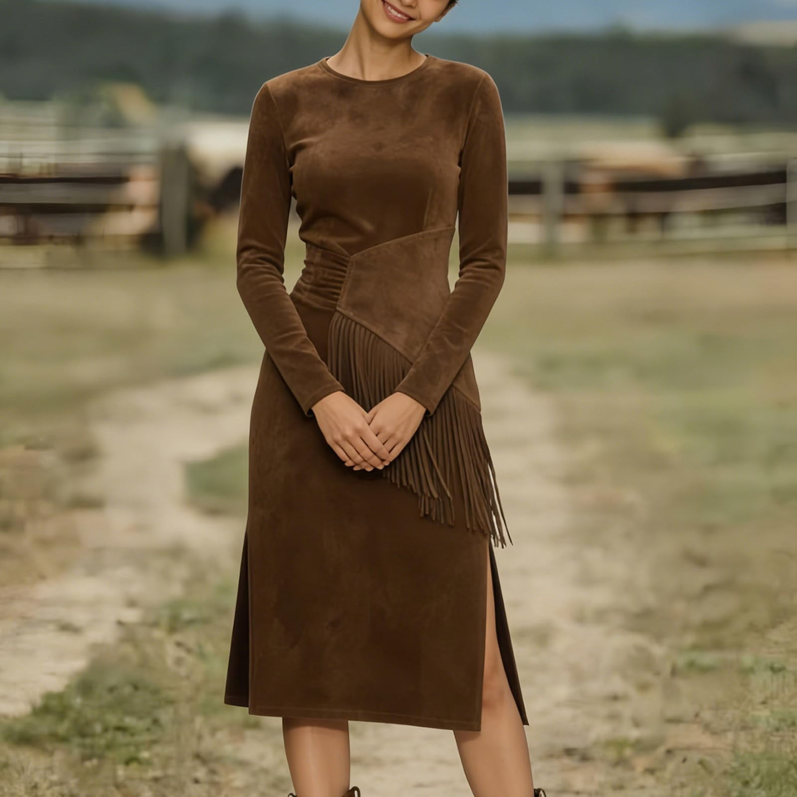 Womens Western Fringe Midi - Long Sleeve Faux Suede Boho Cowgirl Side Split Bodycon Dress with Asymmetrical Tassel Waist