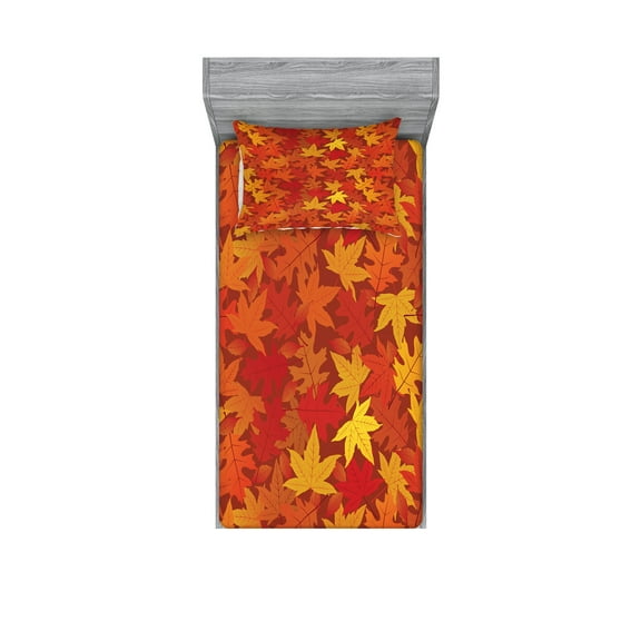 Orange Fitted Sheet & Pillow Sham Set, Colorful Autumn Fall Season Maple Leaves in Unusual Designs Nature Print, Decorative Printed 4 Piece Bedding Decor Set, Twin, Burnt Orange, by Ambesonne