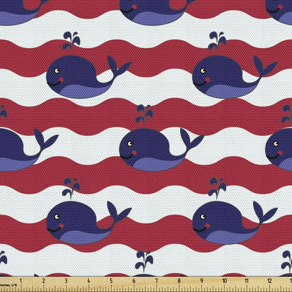 Whale Fabric by the Yard, Abstract Nautical Waves with Blue Fishes Aquatic Life Pattern, Decorative Upholstery Fabric for Chairs & Home Accents, 10 Yards, Dark Coral Navy Blue by Ambesonne
