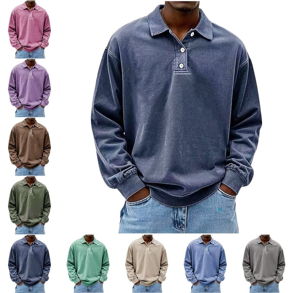 Zivyakyron Casual Mens Polo Shirt Fall Button Long Sleeve Collared Loose Vintage Shirts Washed Solid Green L