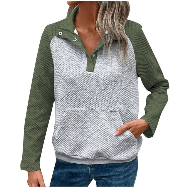 Annhoo Chandails en Molleton d'Automne pour Femmes Manches Longues Amples Demi-Bouton Hauts à Col Rabattu Pull à Blocs de Couleur Tendance
