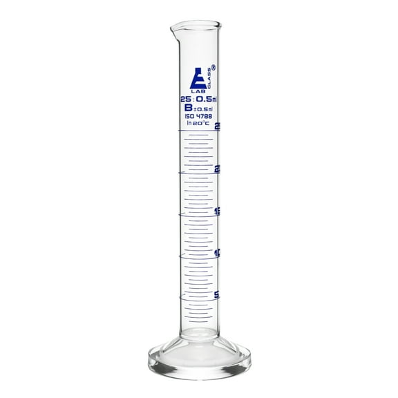 Graduated Cylinder, 25mL - Class B Tolerance ±0.50mL - Round Base - Blue Graduations - Borosilicate Glass - Eisco Labs