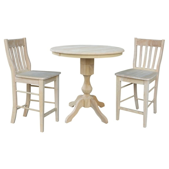 International Concepts Solid Wood Unfinished 3-Piece Dining Set with 36 in. Round Counter Height Table with 12 in. Leaf and 2 Slat Back Café Stools