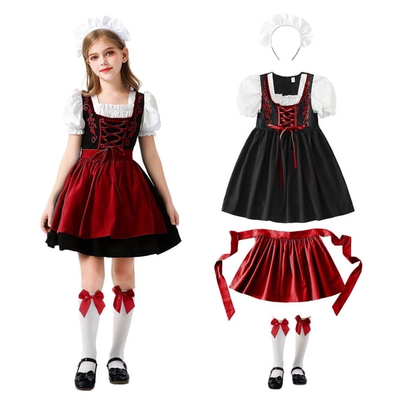 Kids Lace Maid Oktoberfest Costume Dress, Short Sleeve Girls Summer Festival Casual Apparel Dresses for Little Girls 3-11 Years Wine 5-6 Years
