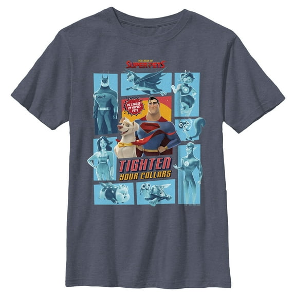 Boy's DC League of Super-Pets Tighten Your Collars Panels  Graphic Tee Navy Blue Heather Small