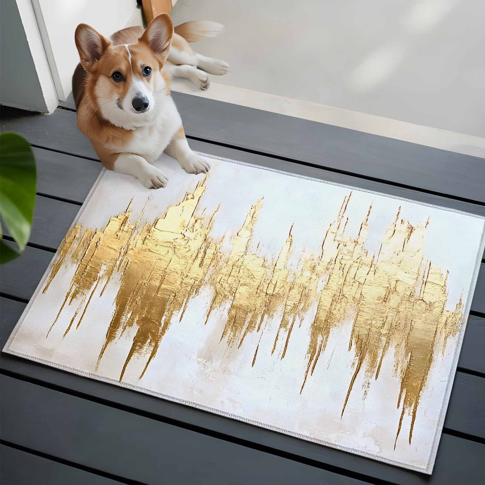 Entrance Runner Rug 2'x3', Abstract Gold Non-slip Doormat for Indoor Outdoor Entrance, Modern Minimalist Art White Gray Ripple Throw Floor Mat for Front Door/Living Room/Bedroom/Bathroom/Kitchen