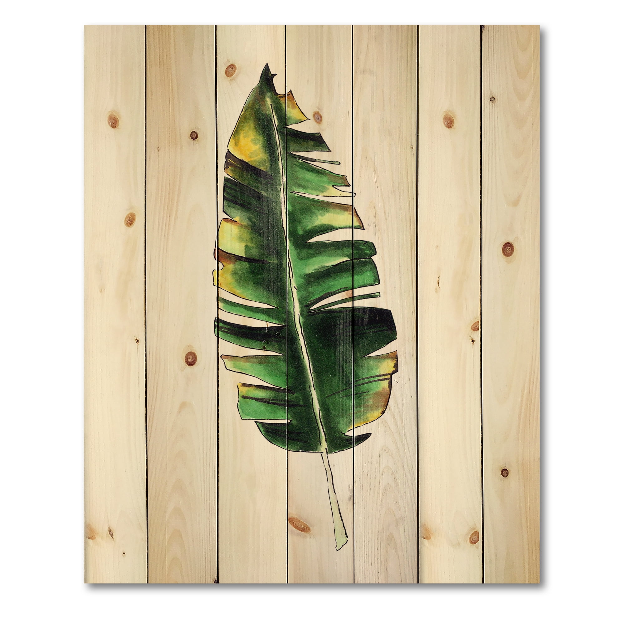 Designart 'Single Banana Leaf On White' Bohemian & Eclectic Print on Natural Pine Wood