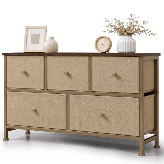 5 Drawer Rustic Fabric Dresser, Wide Storage Chest with Wood Top & Steel Frame for Bedroom, Closet & Small Entryway