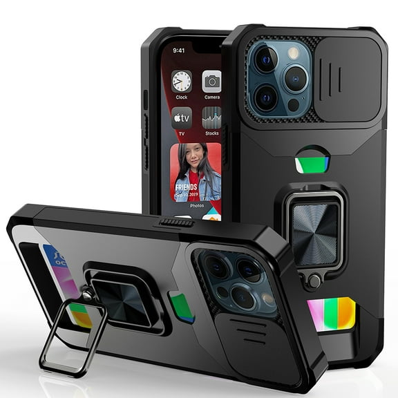 For Apple iPhone 13 Pro Max Wallet Case with Ring Stand & Slide Camera Cover Credit Card Holder, Military Grade Hard Cover ,Xpm Phone Case [ Black ]