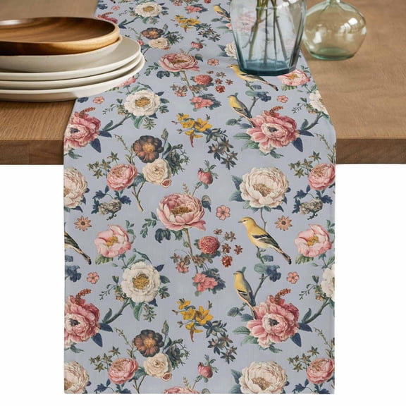 Vintage Spring Floral Cotton Linen Table Runner for Dining Kitchen, Farmhouse Flowers Blue Vintage Wedding Outdoor Party Tablerunners Decoration, Dresser Scarf Coffee Tablecloth Runners 13x60 Inches