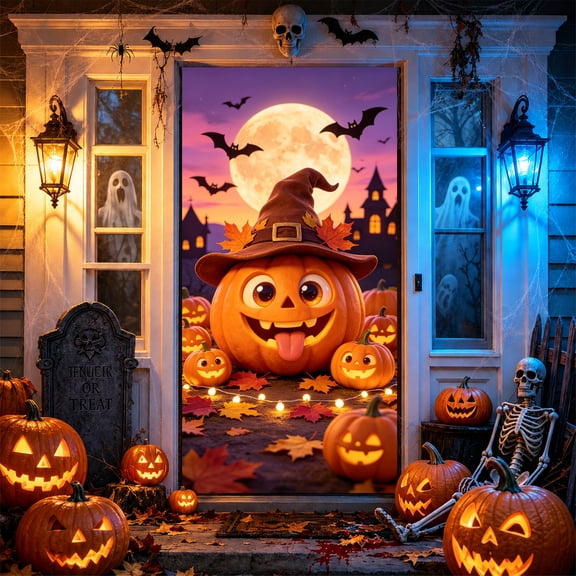 Spooky Halloween Door Cover 35.4 X 70.8 Inch, Halloween Decor Banner for Front Door Garage Wall Window, Indoor Outdoor Haunted House Party Props