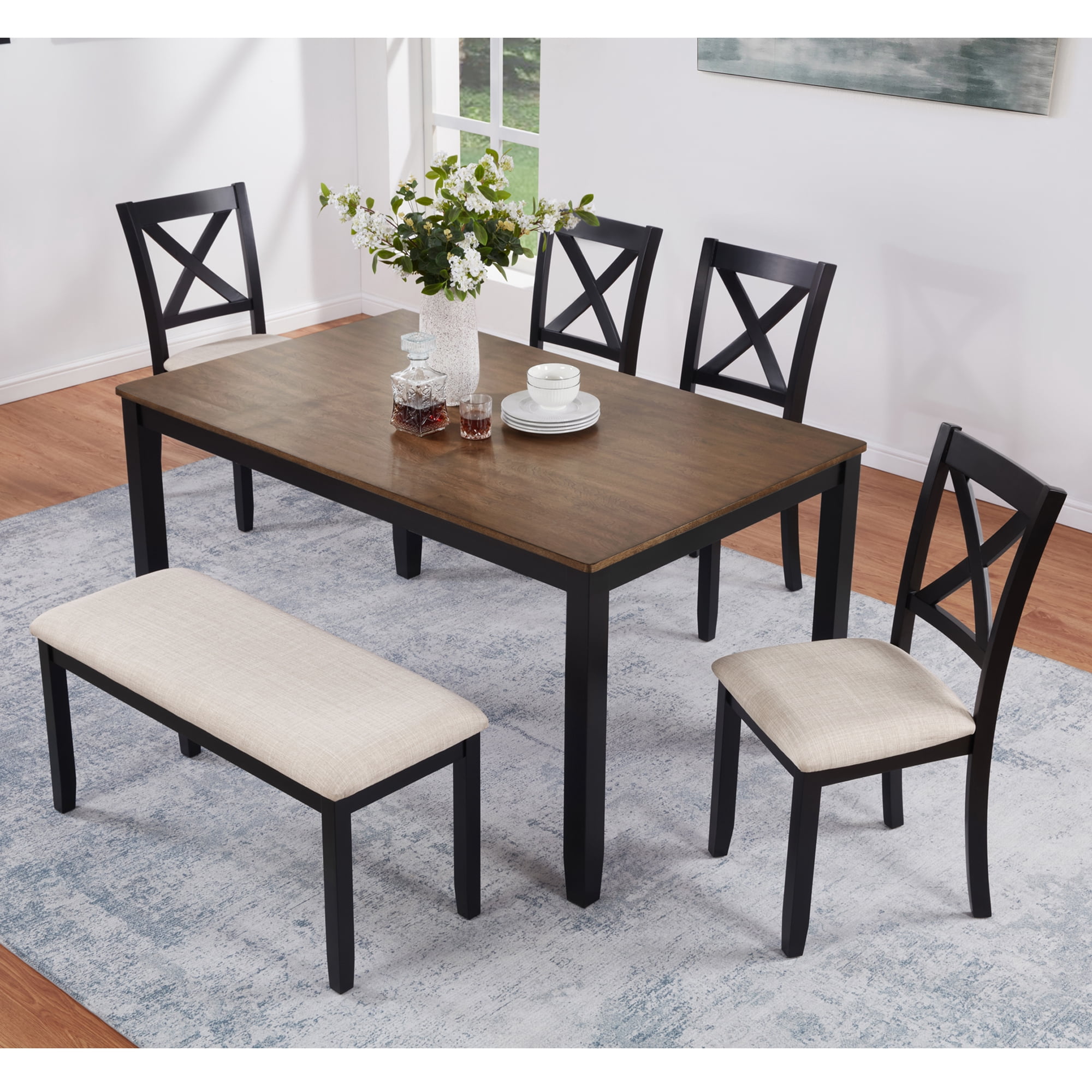 Leumius 6 Pieces Dining Table Set,Wood Dining Table Set with 4 Upholstered Chairs and a Bench,Modern Kitchen Table Set for 6 Person,White+Gray