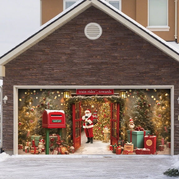 Large Garage Door Banner Outdoor Holiday Season Festive Welcome Sign Featuring Santa Sleigh Reindeer Snowman Design for Christmas Celebration