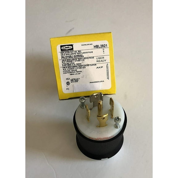 Locking Plug, L22-30P, 30 A, 277/480V AC, Three Phase, 4 Pole, Screw Terminals, Black, White