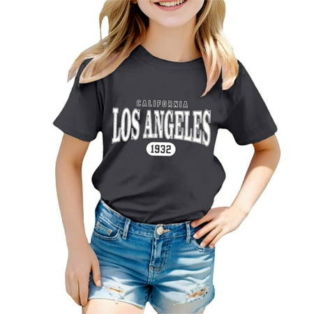 lnmuld Girls Back to School Print Round Neck Loose Fit Short Sleeve Tee Color:Black Size:9-10 Years