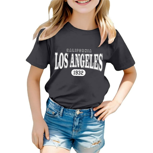 HNMKIU Hauts Tendance pour Filles Imprimé Décontracté Col Rond T-Shirt Manches Courtes Ample pour Jeunes Filles à la Mode