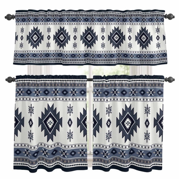 Dark Blue Boho Kitchen Curtains Sets for Windows 24 Inch Length, Farmhouse Neutral Abstract Geometric Rod Pocket Window Treatments Tier Curtains and Valances Set for Bedroom/Bathroom