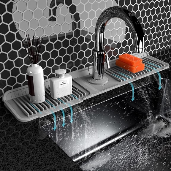 Kitchen Sink Faucet Mat, Silicone Folding Splash Guard, Draining Mat with Button Lock, Sink Faucet Protector, Sink Accessories for Kitchen